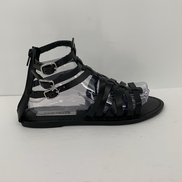 Steve Madden Yashi gladiator sandals black leather strappy ankle shoe flat 8.5 - Picture 1 of 6